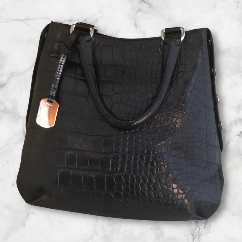 Furla Onyx Black Leather Embossed Croc Tote Bag